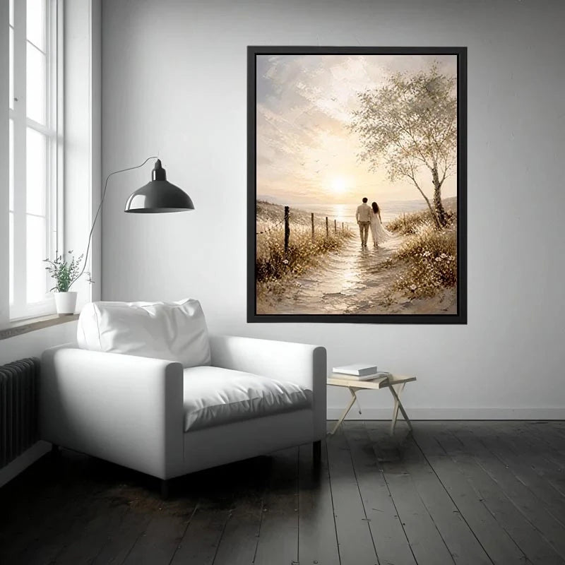 Golden Coastal Love Walk Romantic coastal wall art featuring a couple walking along a sunlit beach path with golden skies, oc