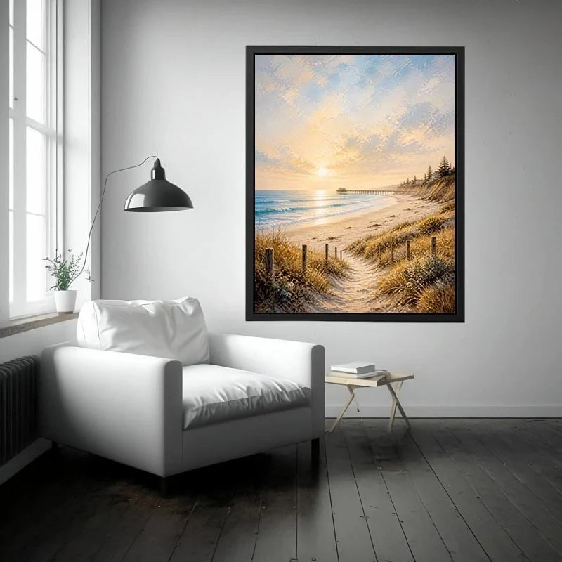 Golden Tide Serenity Coastal beach sunset wall art featuring golden sand dunes, peaceful ocean waves, pastel skies, and a ser
