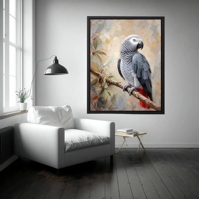 Silver Feather Grace Elegant African Grey parrot wall art featuring detailed silver feathers, textured painterly brushstrokes