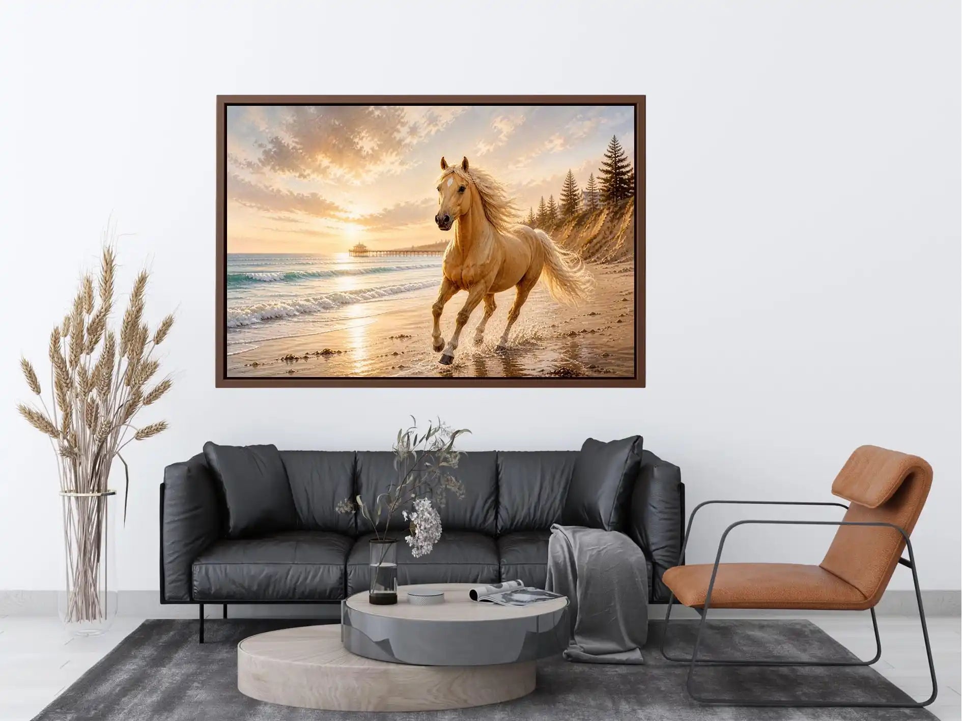 Golden Coastal Gallop Majestic horse beach wall art featuring a golden horse running beside ocean waves at sunset with warm c