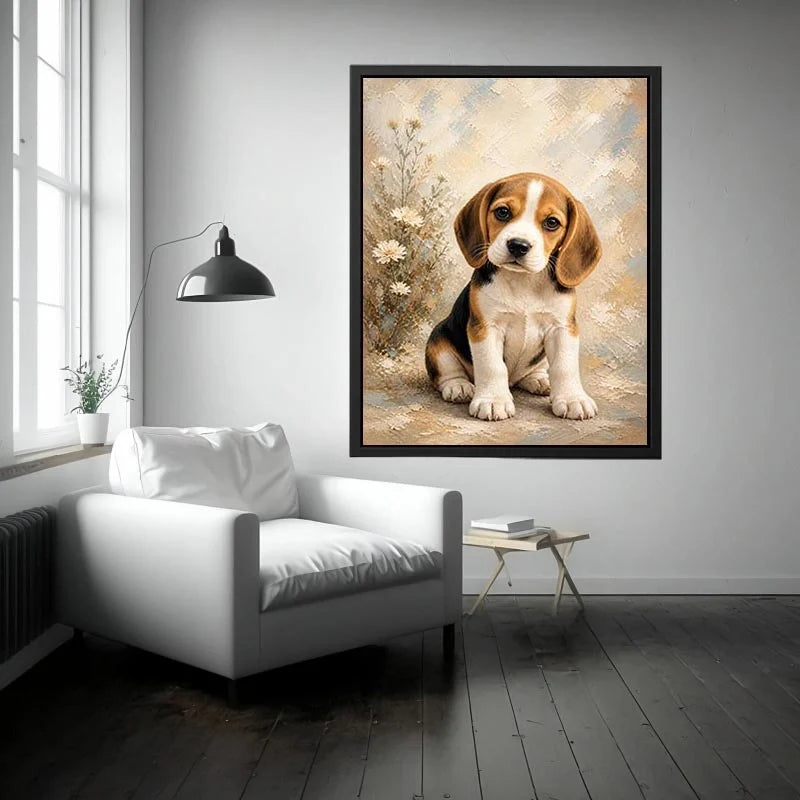 Little Beagle Charm Adorable Beagle puppy wall art featuring soft textured brushstrokes, floral accents, and warm neutral ton