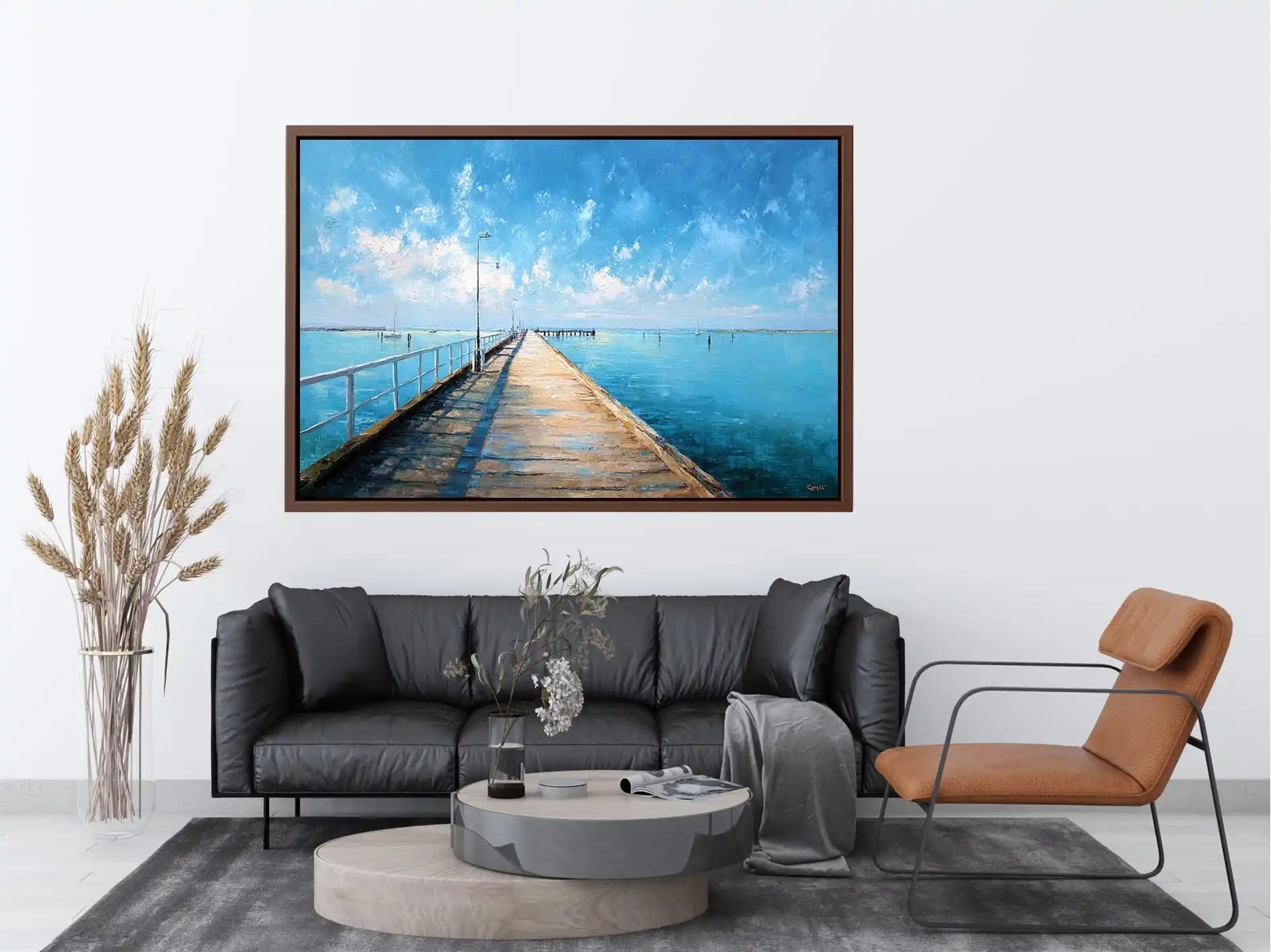 Azure Horizon Pier Coastal pier wall art featuring a sunlit boardwalk over calm blue ocean waters with textured impressionist