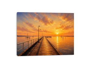 Sunset pier wall art featuring glowing golden skies, reflective ocean waters, and textured impressionist coastal brushwork in warm luxury tones.