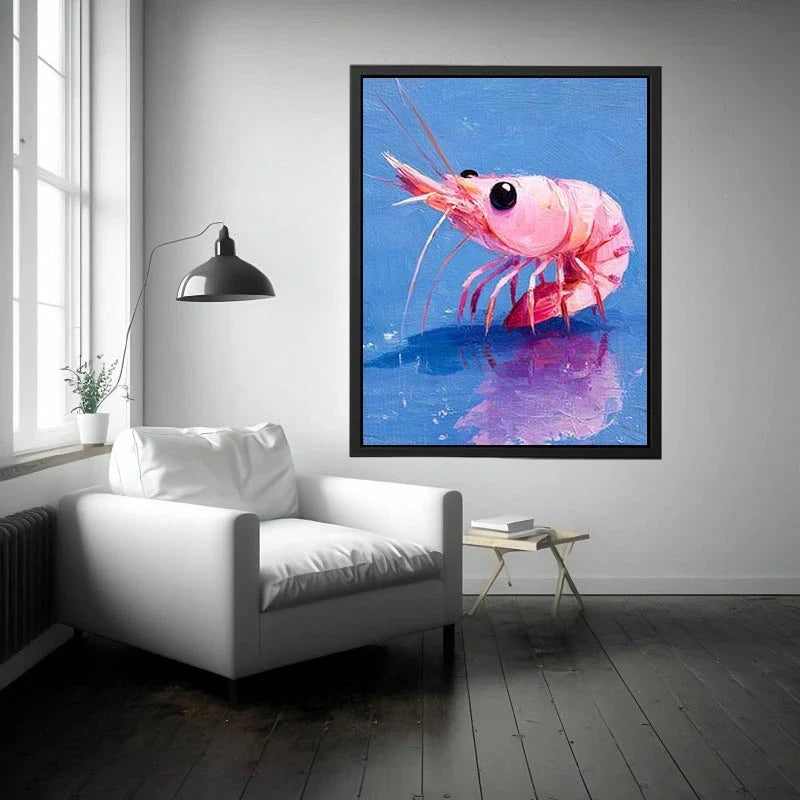 Candy Reef Shrimp Pink shrimp wall art featuring bold contemporary ocean colors with textured impressionist brushwork in vibr