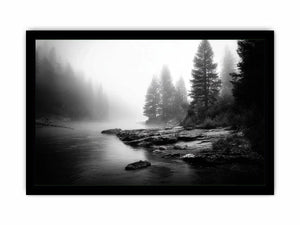 Silent Mist Waters black and white misty forest lake wall art with pine trees and foggy waters minimalist nature landscape ca