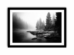 Silent Mist Waters black and white misty forest lake wall art with pine trees and foggy waters minimalist nature landscape ca