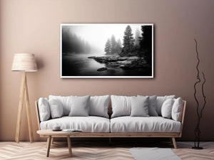 Silent Mist Waters black and white misty forest lake wall art with pine trees and foggy waters minimalist nature landscape ca
