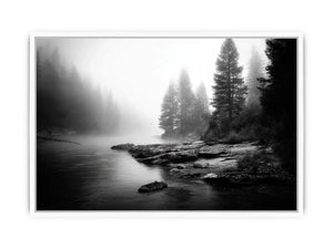 Silent Mist Waters black and white misty forest lake wall art with pine trees and foggy waters minimalist nature landscape ca