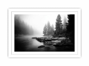 Silent Mist Waters black and white misty forest lake wall art with pine trees and foggy waters minimalist nature landscape ca