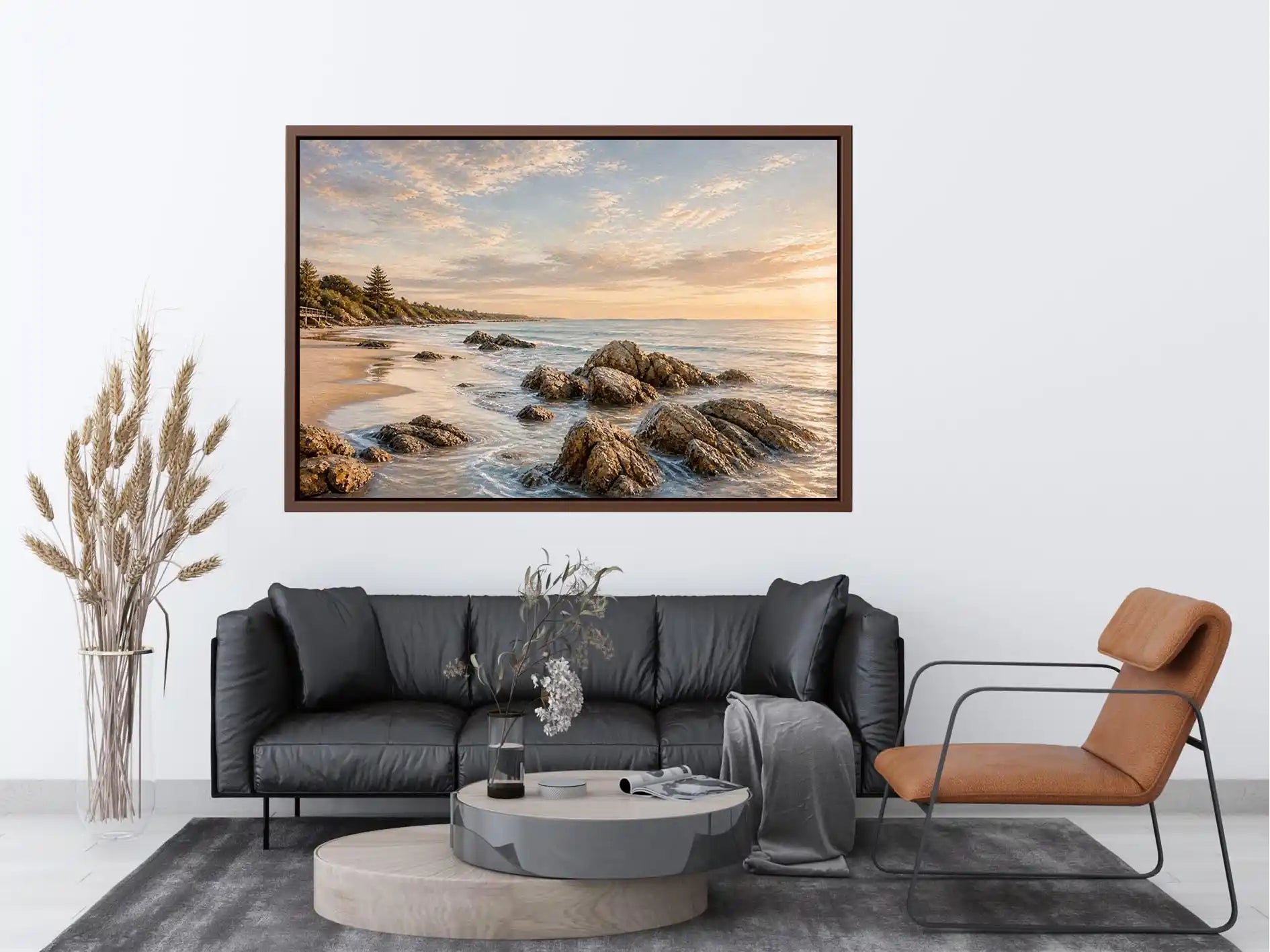 Golden Tide Coast Rocky beach coastal wall art with golden sunset light, textured ocean waves, and serene shoreline landscape