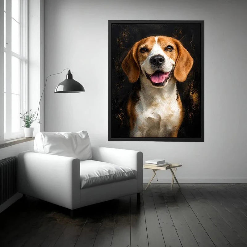 Loyal Golden Beagle Beagle dog portrait wall art with rich painterly texture, warm golden tones, and dramatic dark background