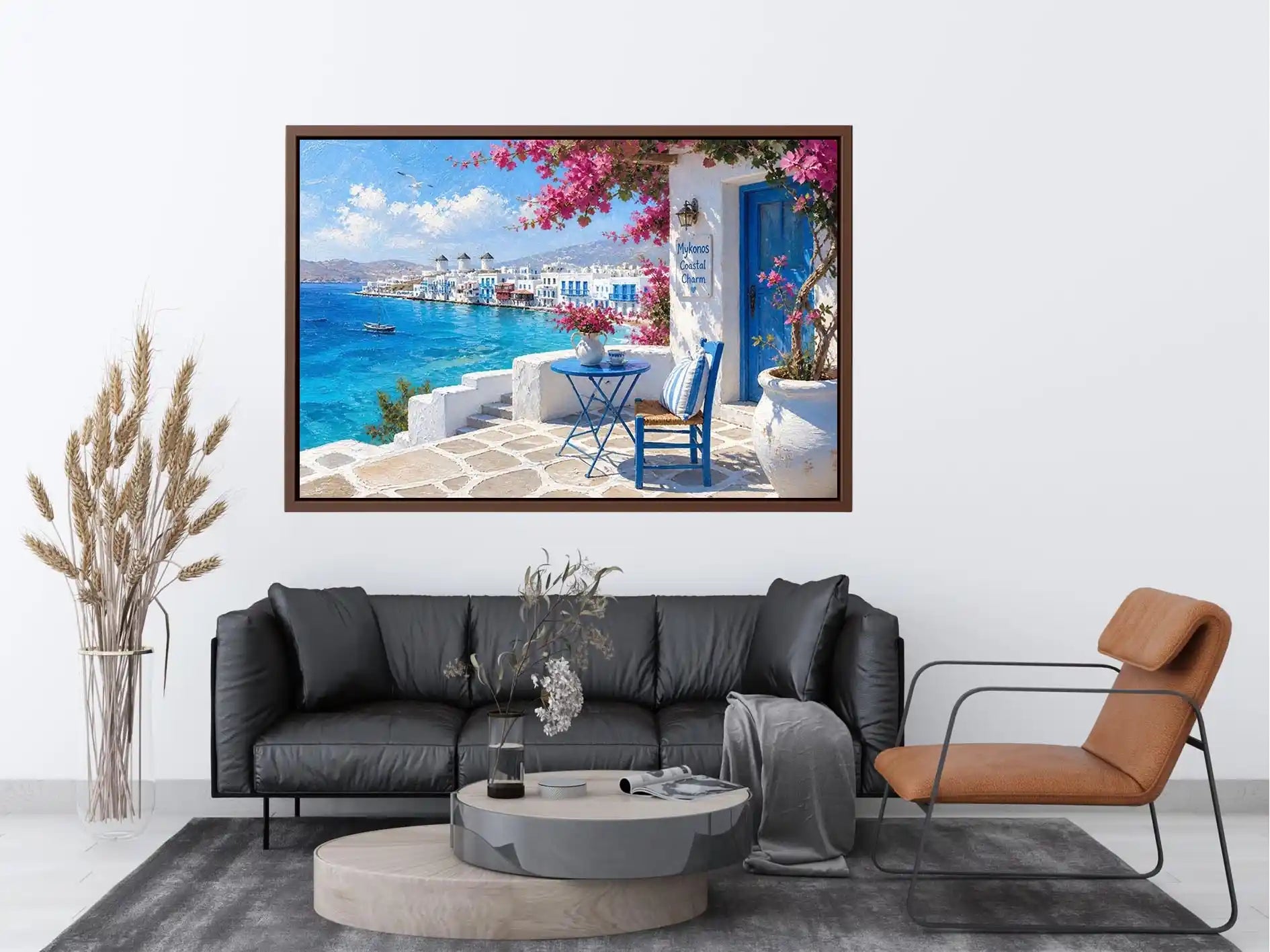 Mykonos Coastal Charm Mykonos coastal wall art with white Mediterranean architecture, turquoise ocean views, vibrant bougainv