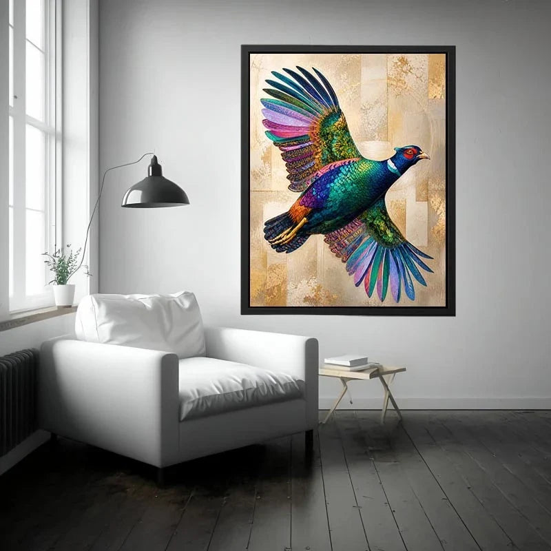 Iridescent Pheasant in Flight Wall Art Colorful pheasant wall art featuring iridescent jewel-toned feathers and contemporary