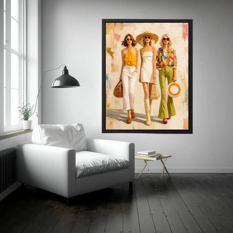 Chic Summer Fashion Icons Wall Art Contemporary fashion wall art featuring stylish women in colorful designer-inspired outfit
