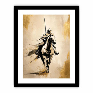 Modern armored horse rider wall art with gold accents and minimalist luxury equestrian canvas design