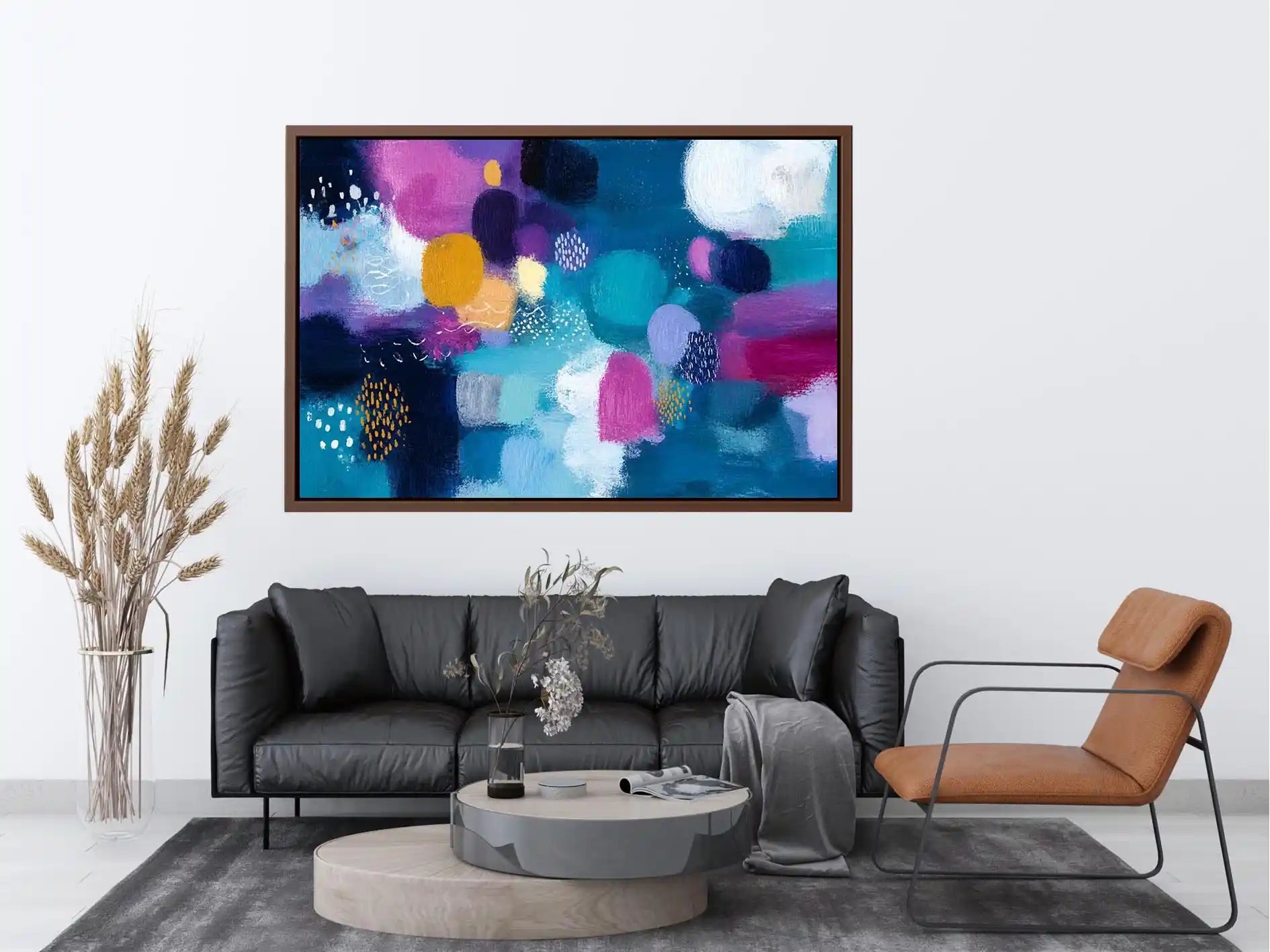 Midnight Bloom Abstraction Modern colorful abstract wall art with blue teal pink and purple textured contemporary canvas pain