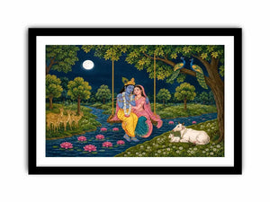 radha krishna moonlit swing devotional wall art