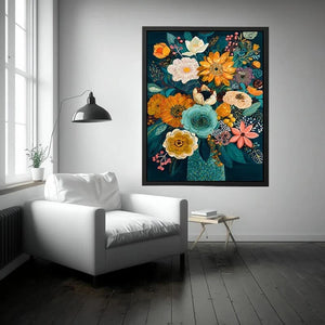 teal botanical flower bouquet modern floral wall art