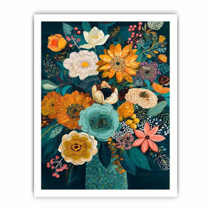 teal botanical flower bouquet modern floral wall art