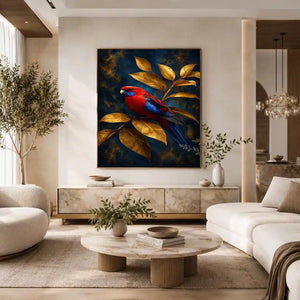 crimson bird golden leaves canvas print