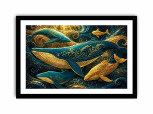 teal gold whale canvas coastal room
