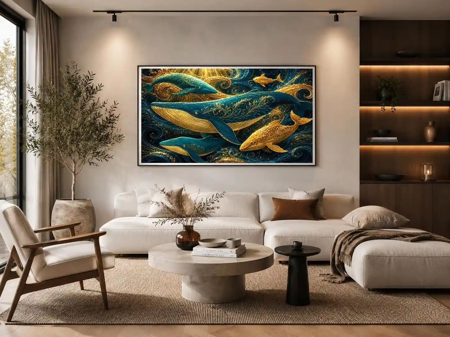 teal gold whale canvas coastal room