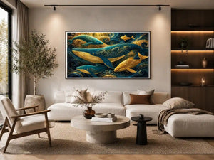 teal gold whale canvas coastal room