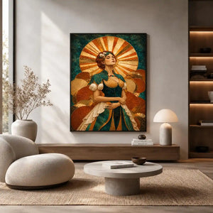 art deco woman canvas wall art teal gold