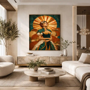 art deco woman canvas wall art teal gold