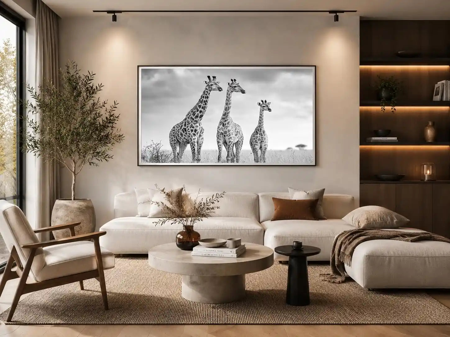black white giraffe savanna canvas
