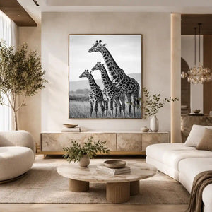 black white giraffe family canvas