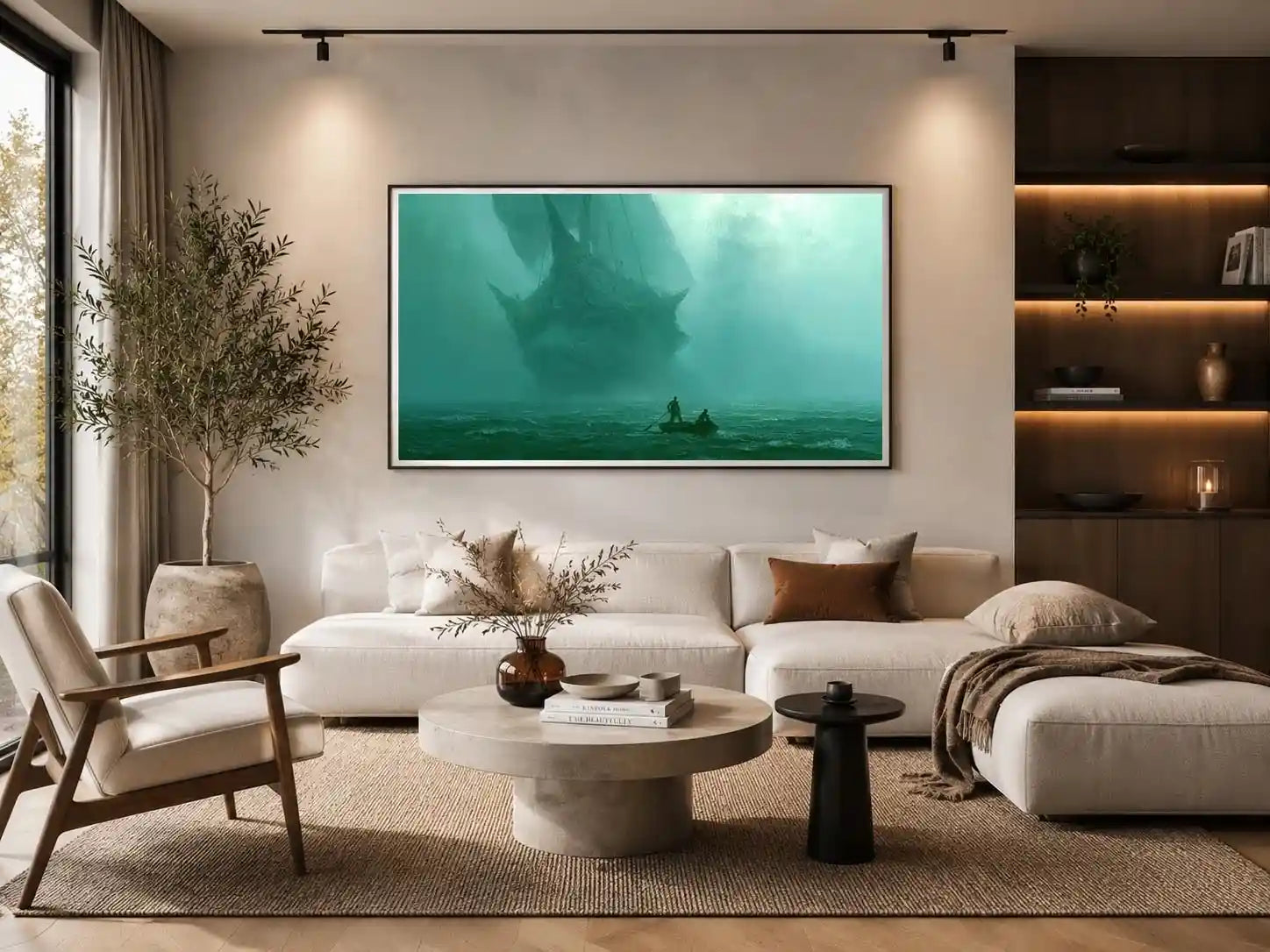 misty boat teal canvas art