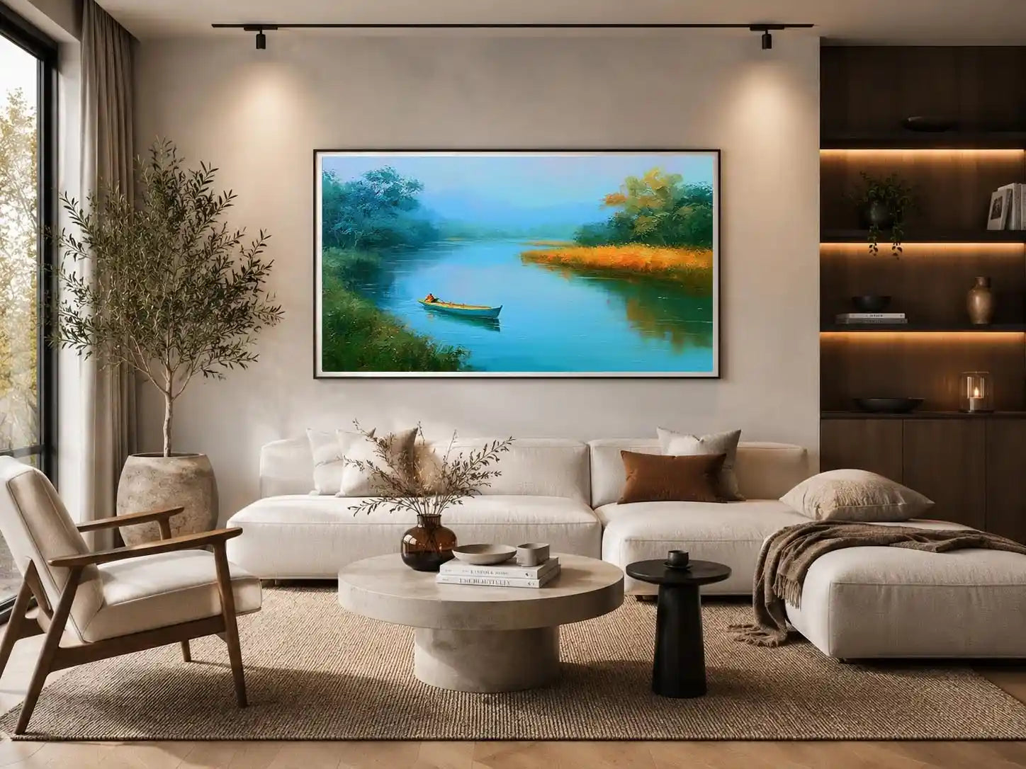 calm river boat landscape canvas print