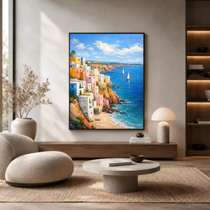 cliffside coastal village canvas art