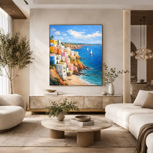 cliffside coastal village canvas art