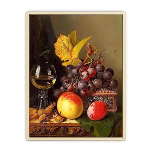 A Still Life of Black Grapes, a Peach, a Plum, Hazelnuts, a Metal Casket and a Wine Glass on a Carved Wooden Ledge Art Print