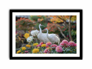 Cranes and Chrysanthemums Art Print