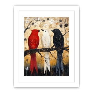 Rustic three birds Canvas Print with red black and white tones