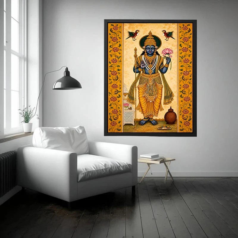 Traditional Hindu god Canvas Print with lotus and golden details in spiritual decorative style