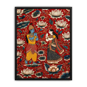 Krishna Radha Canvas Print with floral lotus background in rich red and gold tones