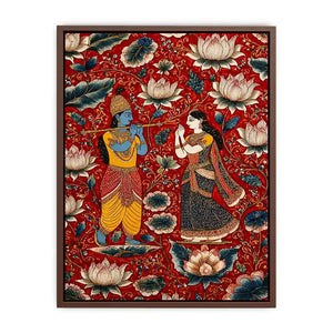 Krishna Radha Canvas Print with floral lotus background in rich red and gold tones
