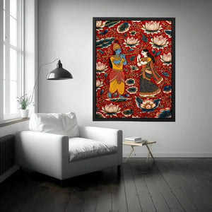 Krishna Radha Canvas Print with floral lotus background in rich red and gold tones