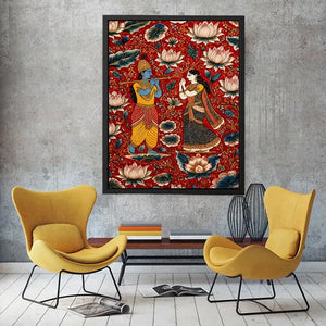 Krishna Radha Canvas Print with floral lotus background in rich red and gold tones