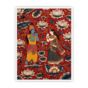Krishna Radha Canvas Print with floral lotus background in rich red and gold tones