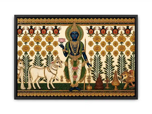 Traditional Krishna cow Canvas Print with floral gold detailing in green and white tones