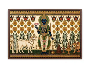 Traditional Krishna cow Canvas Print with floral gold detailing in green and white tones
