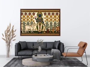 Traditional Krishna cow Canvas Print with floral gold detailing in green and white tones