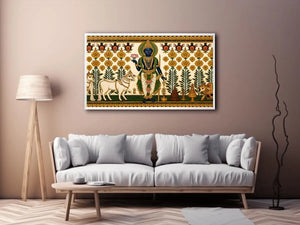 Traditional Krishna cow Canvas Print with floral gold detailing in green and white tones