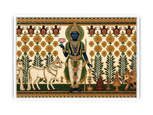 Traditional Krishna cow Canvas Print with floral gold detailing in green and white tones