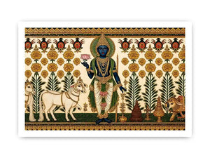 Traditional Krishna cow Canvas Print with floral gold detailing in green and white tones